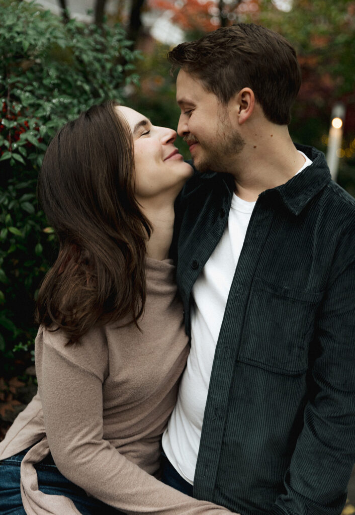 Romantic close-up of the couple touching noses in downtown Virginia Highlands, Atlanta