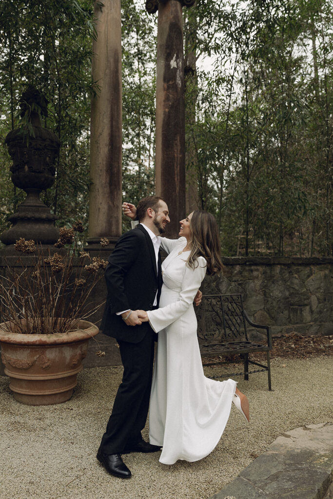 Romantic engagement portraits at the historic Swan House Atlanta estate gardens