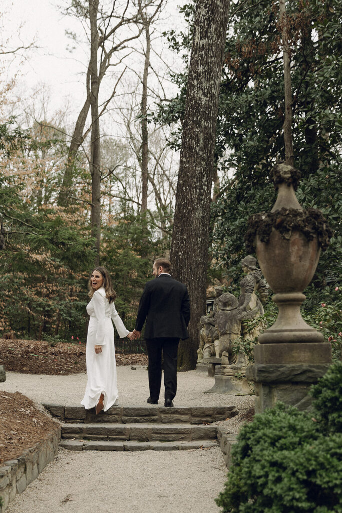 Romantic engagement portraits at the historic Swan House Atlanta estate gardens